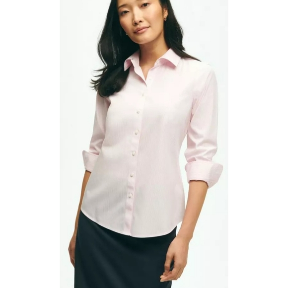 Brooks Brothers Mini Stripe Fitted Non-Iron Stretch Cotton Shirt - YELLOW/WHITE - Picture 4 of 16